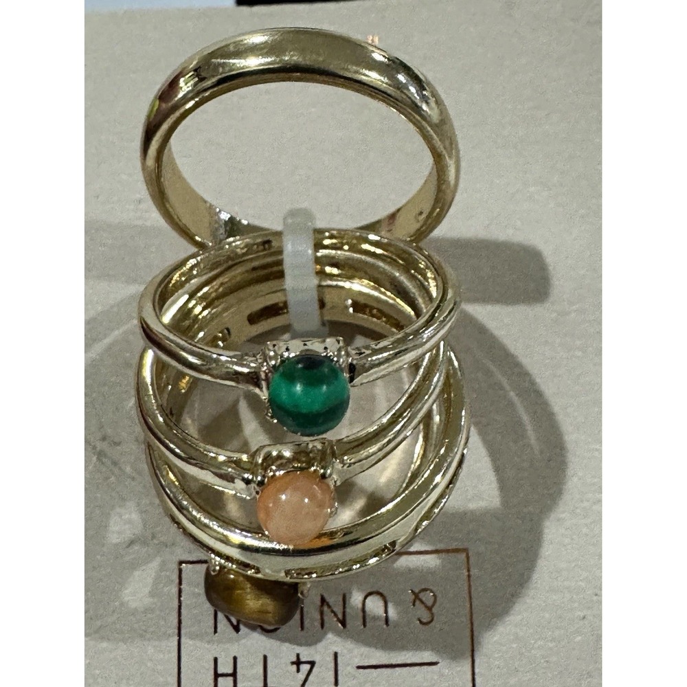 14th & Union Gold Tone Multi-Strand Band Ring Size 6/7 3 Round Green Bezel
